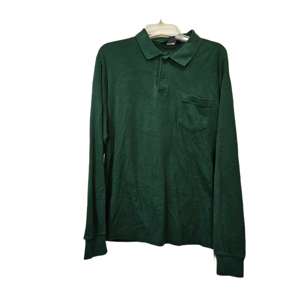 Vintage‎ Lands' End Men's Large 100% Cotton Made In USA Green Long Sleeve Polo